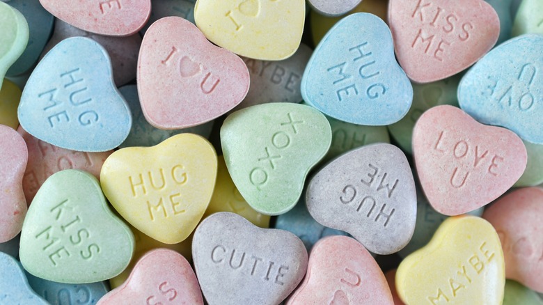 Close-up overview of an array of Valentine's Day Conversation Heart candies