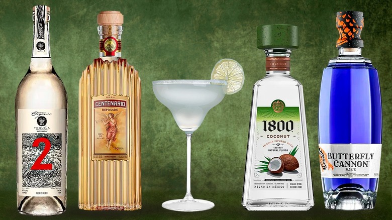 Different bottles of tequila with green background