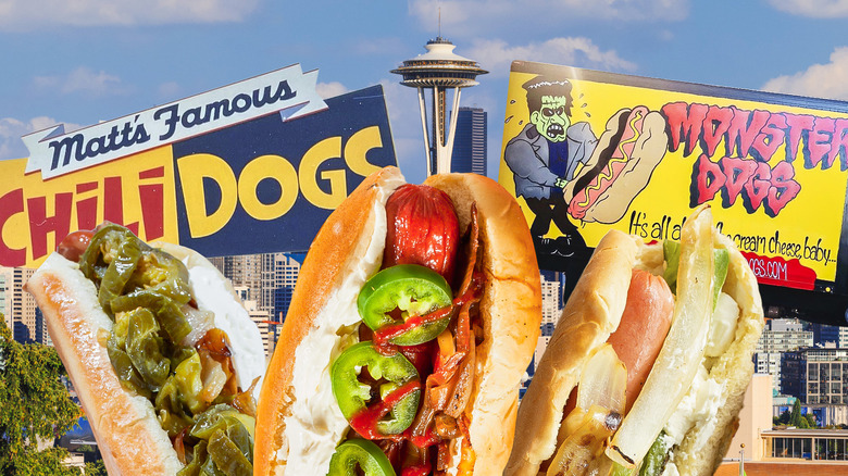 collage of Seattle-style hot dogs in front of city skyline