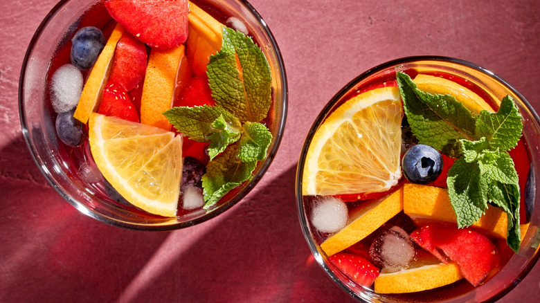overhead view of two glasses of sangria