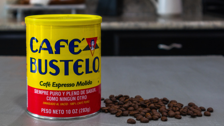 Cafe Bustelo can of coffee with beans