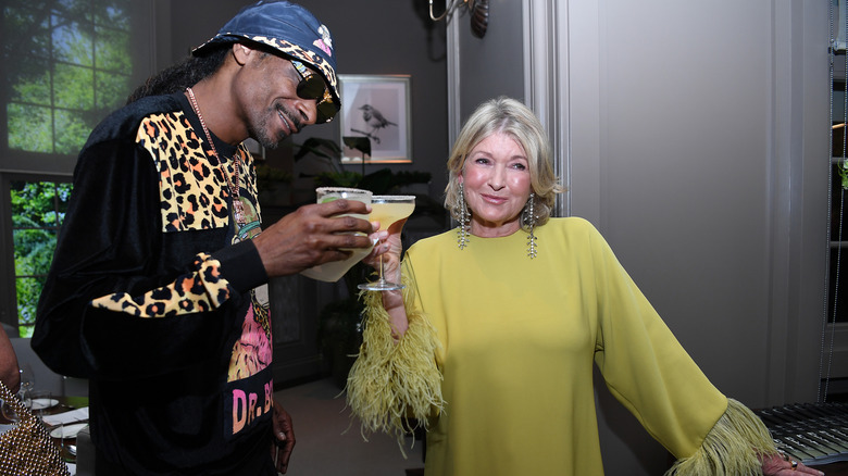 Martha Stewart and Snoop Dogg toasting drinks