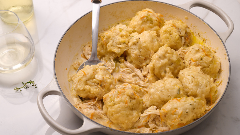 chicken and dumpling skillet on a table