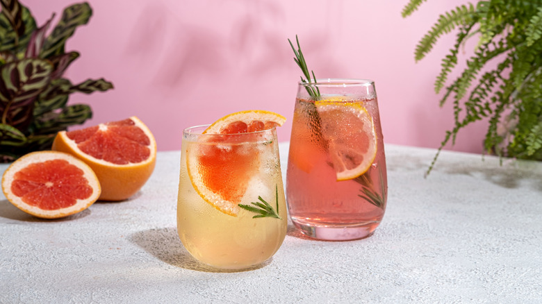 Overhead view of non-alcholic grapefruit cocktails on a table