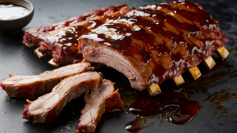 Close-up of tender rack of ribs with barbecue sauce