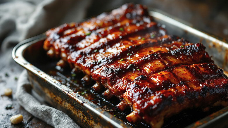 Barbecue ribs on a metal tray