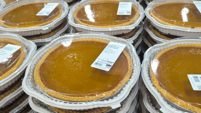 Costco pumpkin pies stacked in rows