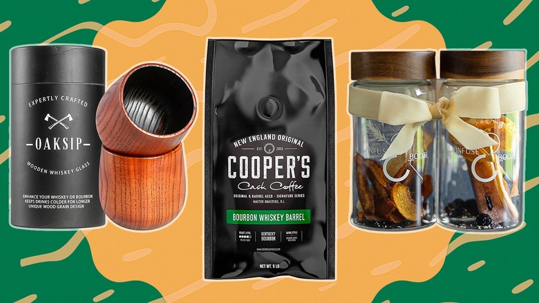 Wooden bourbon glasses, package of coffee, and infusion kit against green and orange background
