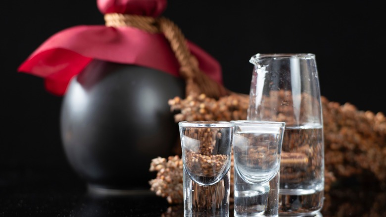 two shotglasses and a small pitcher of baijiu in front of sorghum and a black, red fabric-wrapped bottle