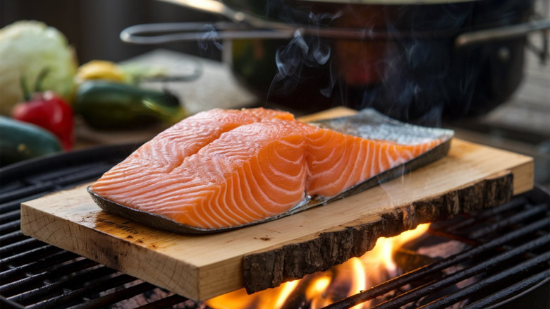Salmon on cedar plank on grill