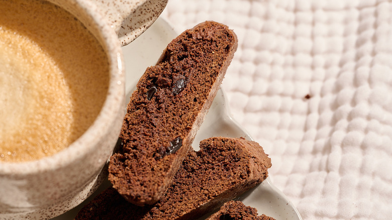 chocolate cherry biscotti on a plate