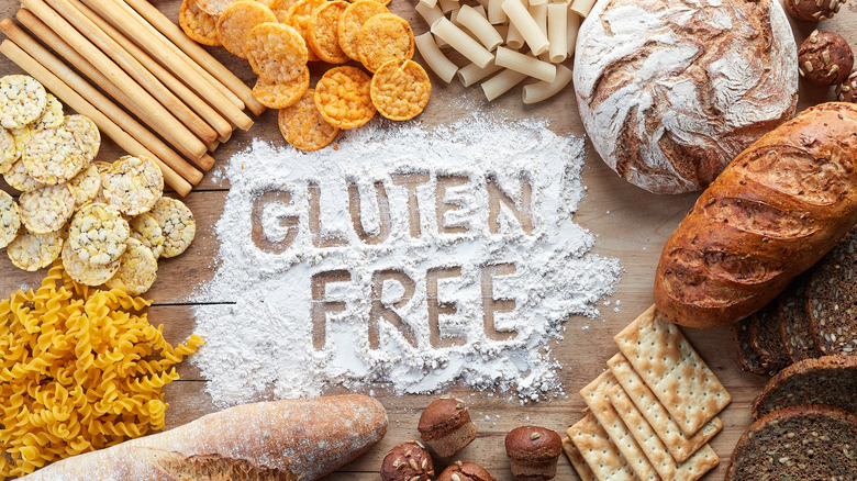 gluten-free food on a table with the words glluten free written in the middle on flour