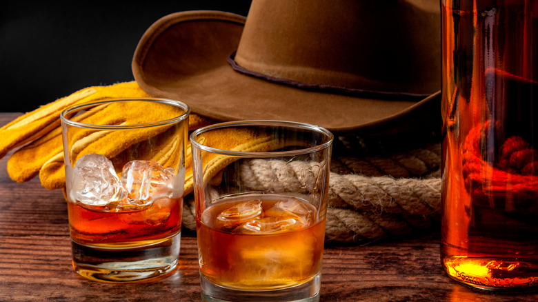 Whiskey on bar in Old West setting