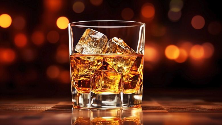 A glass of bourbon on ice
