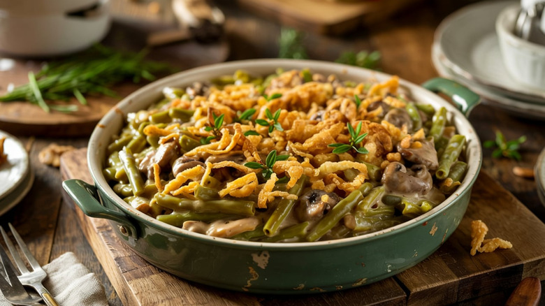 A green bean casserole topped with crispy onions