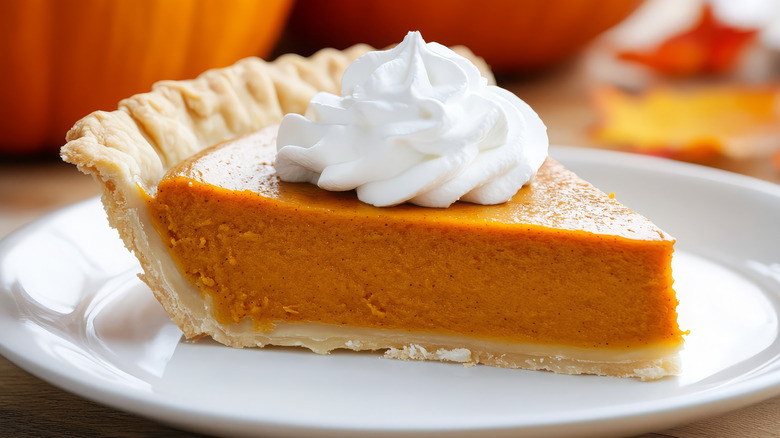 Close-up view of a slice of pumpkin pie on a plate