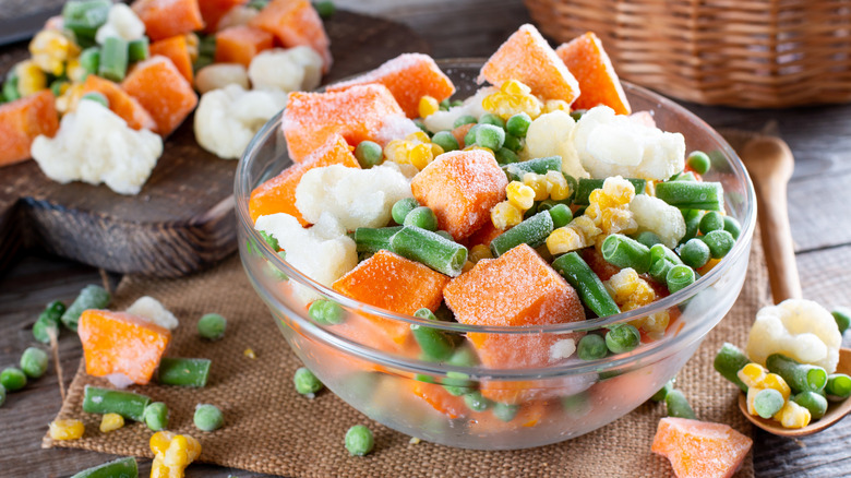 Frozen vegetables in glass bowl