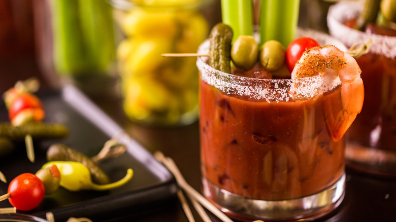 bloody mary garnished with shrimp