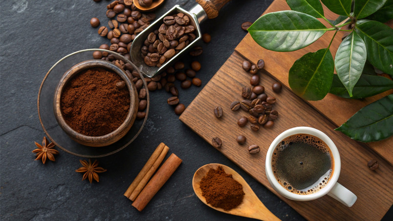 coffee scene with beans, grounds, spices, and cup of coffee set out on a slate surface