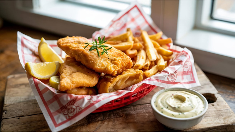 Fish and chips with sauce and fries
