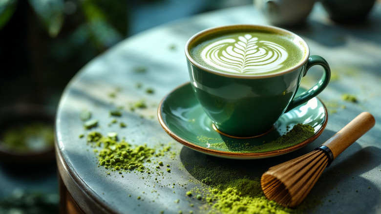 Matcha latte in green mug on small table with whisk