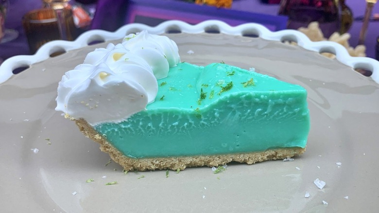 A slice of Taco Bell Mountain Dew Baja Blast Pie on a plate