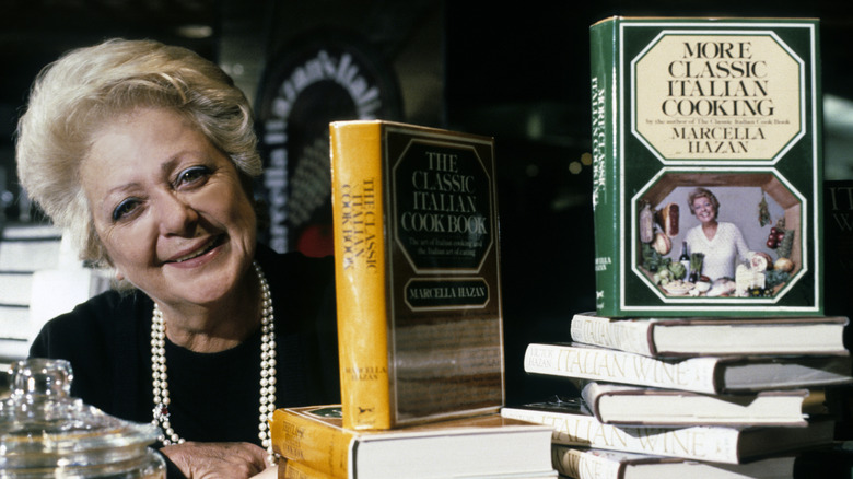 Marcella Hazan pictured with 2 of her cook books