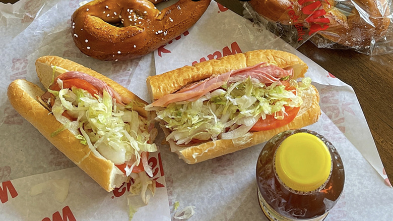 Wawa sandwich with tea and pretzel