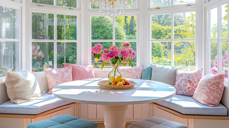 A bright and airy breakfast nook nestled against a large rounded bay window