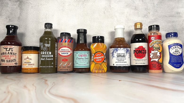 10 Trader Joe's sauces lined up on table