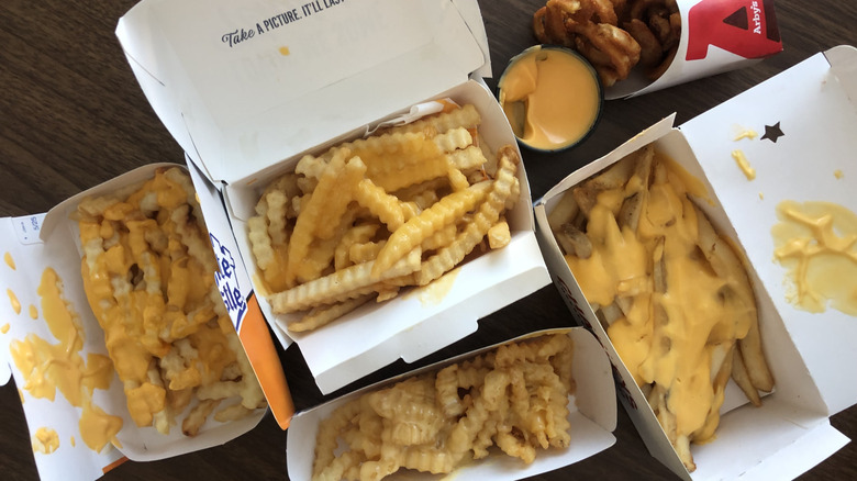 Group of 5 different cheese fries from fast-food restaurants.