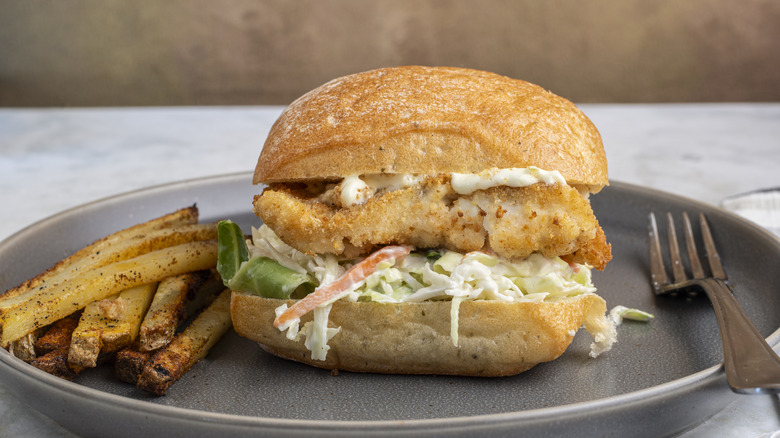 Close-up of a fried fish sandwich