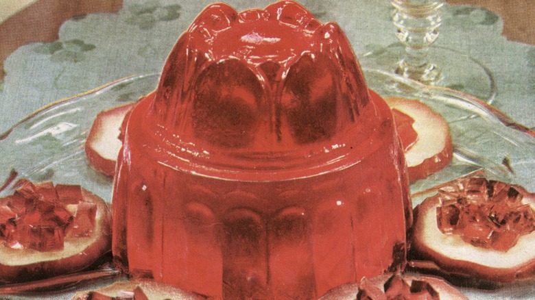 Illustration of a red gelatin salad served on a plate mirrored image