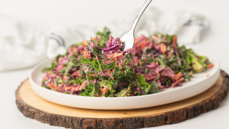 Plate of kale slaw with a forkful lifted up