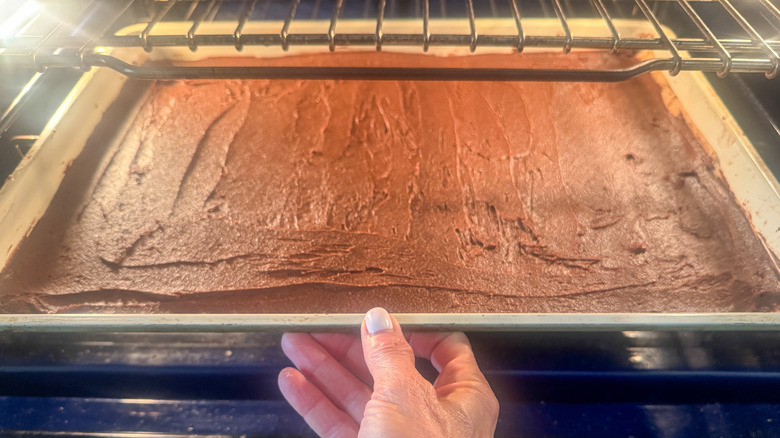 hand putting pan in oven