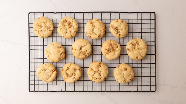 aerial view of soft caramel cookies cooling on a wire rack