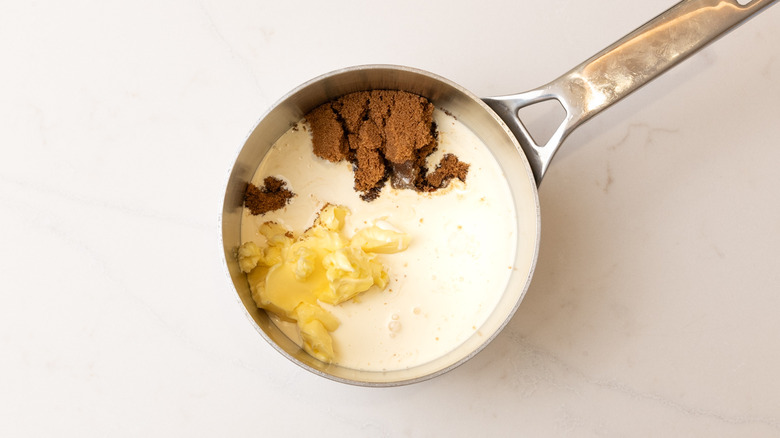 Cream, brown sugar, and butter in saucepan