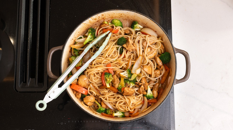 chicken noodle dish in pan
