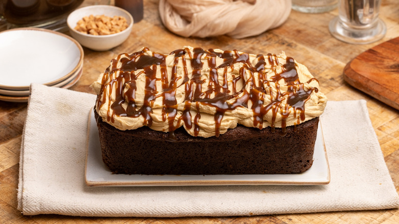 sticky toffee pudding loaf cake on plate