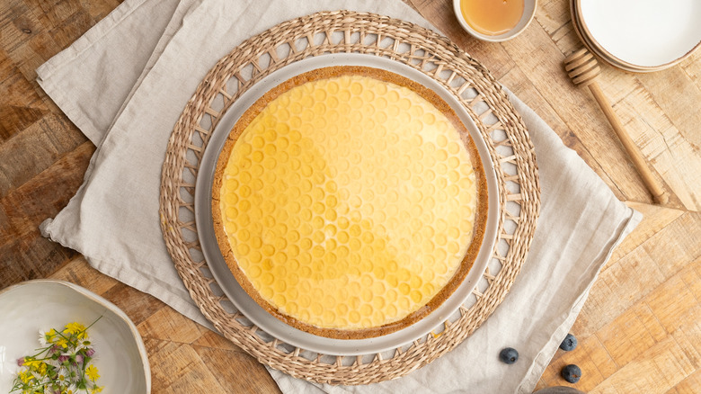 aerial view of blueberry elderflower honeycomb pie without decorations