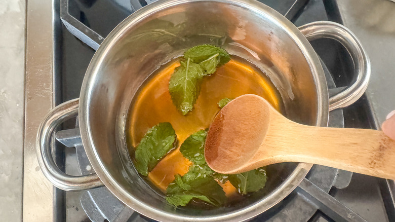 spoon stirring mint and syrup