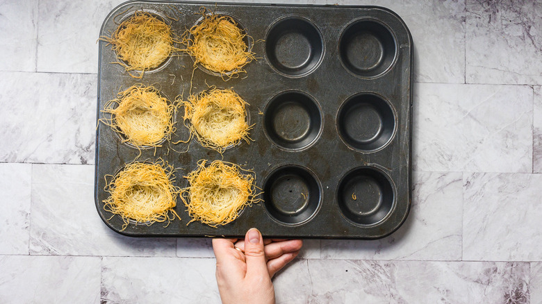 Baked kataifi noodle nests in muffins tin