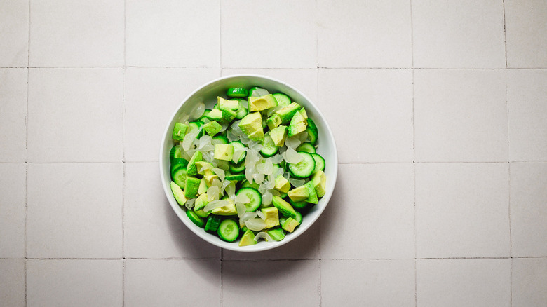 Diced salad ingredients in bowl