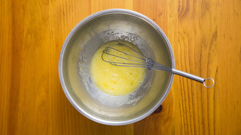 beaten eggs in mixing bowl