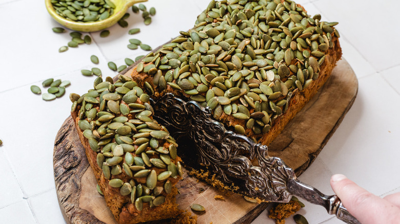 Pumpkin bread cut in half