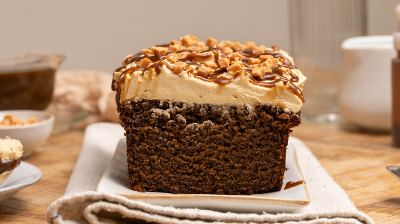 sticky toffee pudding loaf cake with slice removed