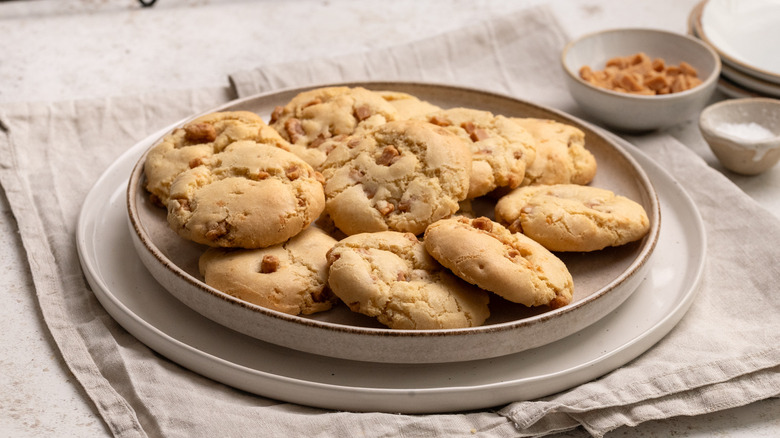 Plate of easy soft caramel cookies on top of a cloth